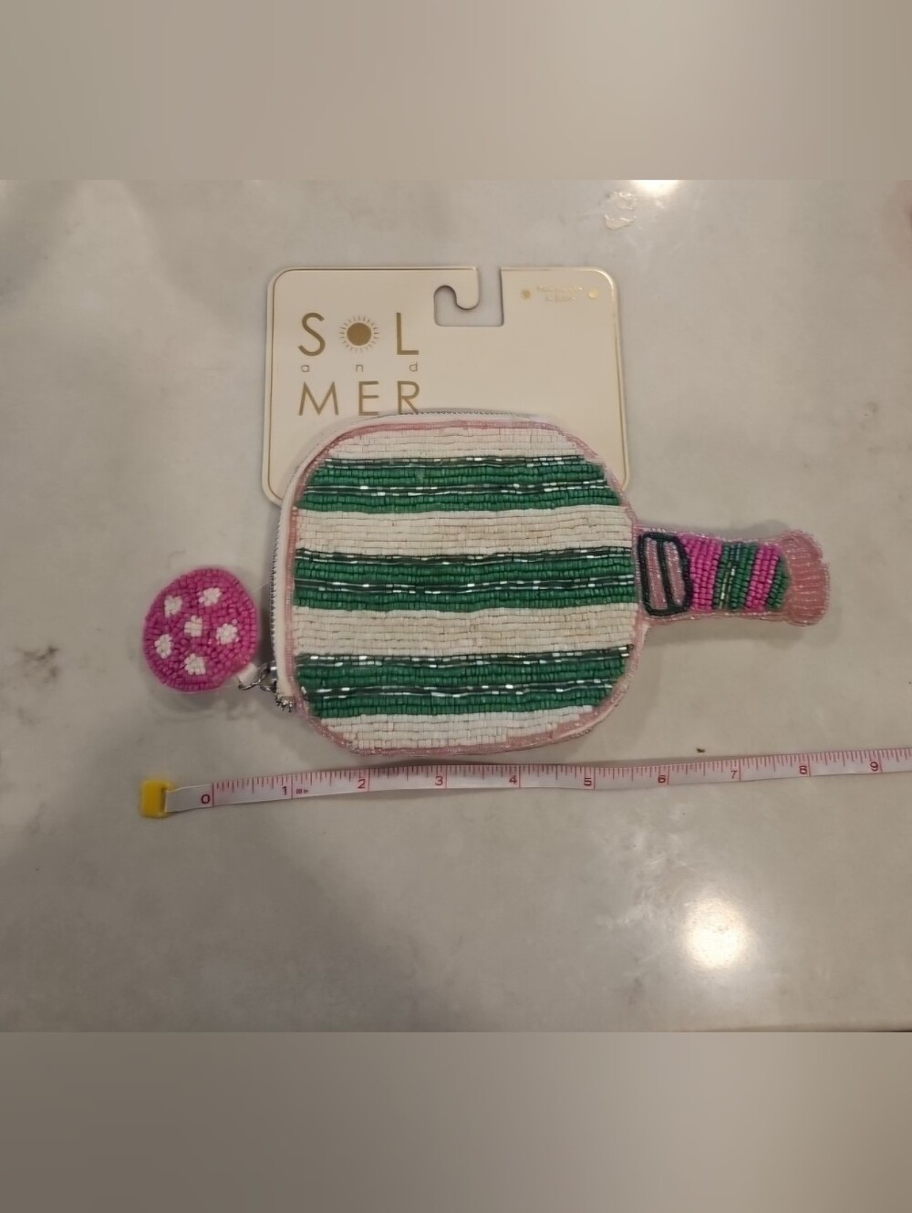 New Sol and Mer Beaded Pickle Ball zip card/coin bag wallet